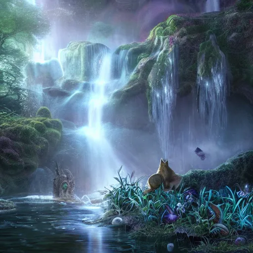 Image similar to tom bagshaw, wolf, mythical cosmic shrine, soft painting render curiosities carnival pond river vegetation rocks bugs wildlife mushrooms covered moss bioluminescent wisps, beautiful stunning waterfall, accurate features, focus, very intricate ultrafine details, random volumetric lighting, fog, award winning masterpiece, octane render 8 k hd, artstation