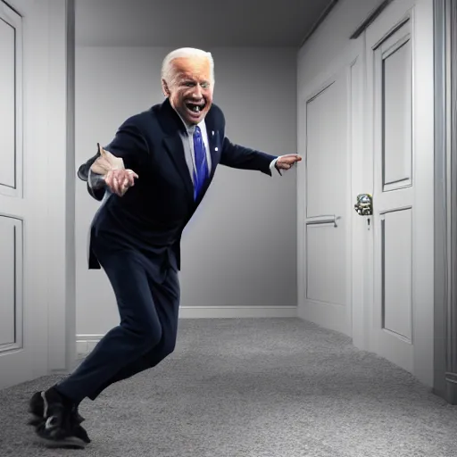 Image similar to joe biden chasing a child in the backrooms, hyper - realistic, 4 k, octane - render, realistic.