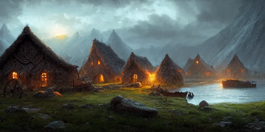 Image similar to beautiful viking village, digital art, landscape, fantasy art, octane render, ureal engine, high detail, very realistic, by greg rutkowski. by james gurney