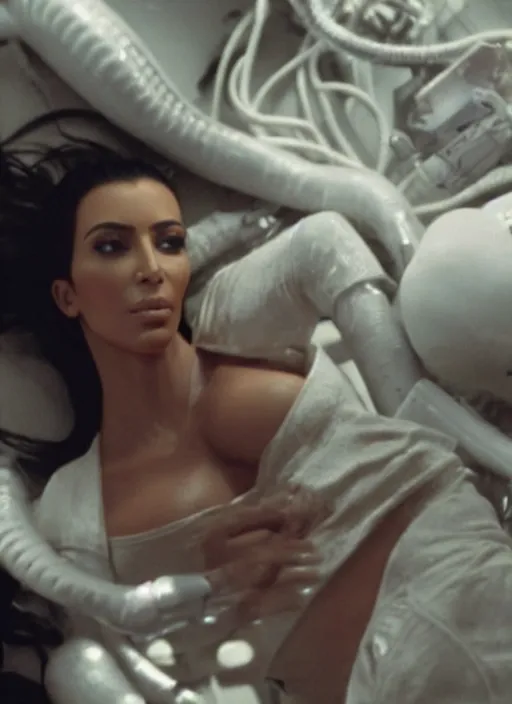 Prompt: film still of kim kardashian in the movie Alien, facehugger mounted on her face, unconscious, cinematic shot, 4k.