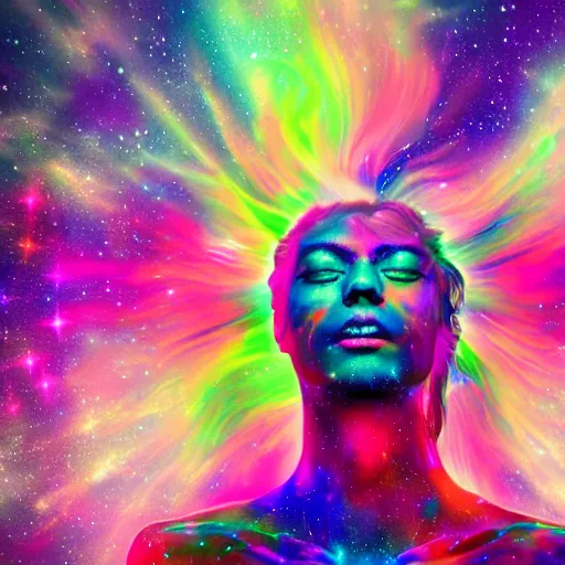 Image similar to psychadelic depiction of a person's soul ascending into the cosmos, 4k