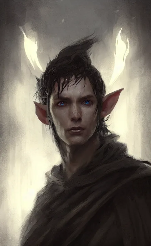 Image similar to Portrait of an elf in a black cloak, black hair, glowing eyes, male, detailed face, fantasy, highly detailed, cinematic lighting, digital art painting by greg rutkowski