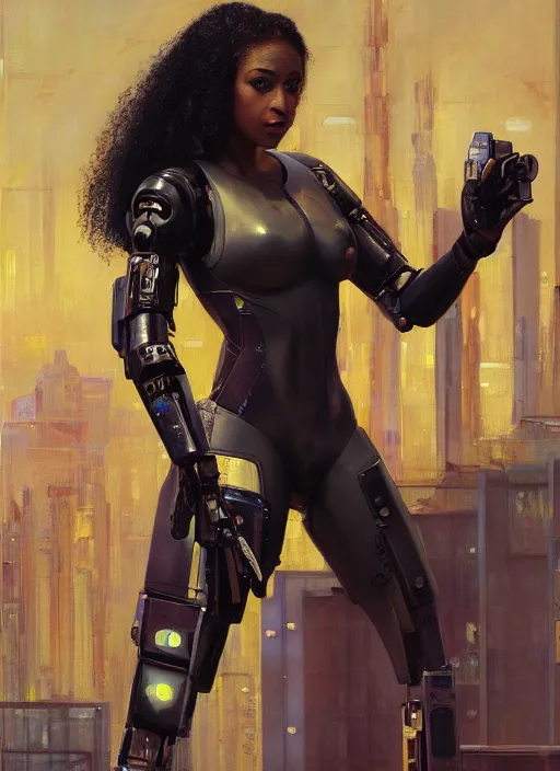 Image similar to Ariana Igwe. Buff Cyberpunk policewoman with robotic legs. Patrolling rainy streets. (Cyberpunk 2077, bladerunner 2049). Gorgeous face. Iranian orientalist portrait by john william waterhouse and Edwin Longsden Long and Theodore Ralli and Nasreddine Dinet, oil on canvas. Cinematic, vivid colors, hyper realism, realistic proportions, dramatic lighting, high detail 4k