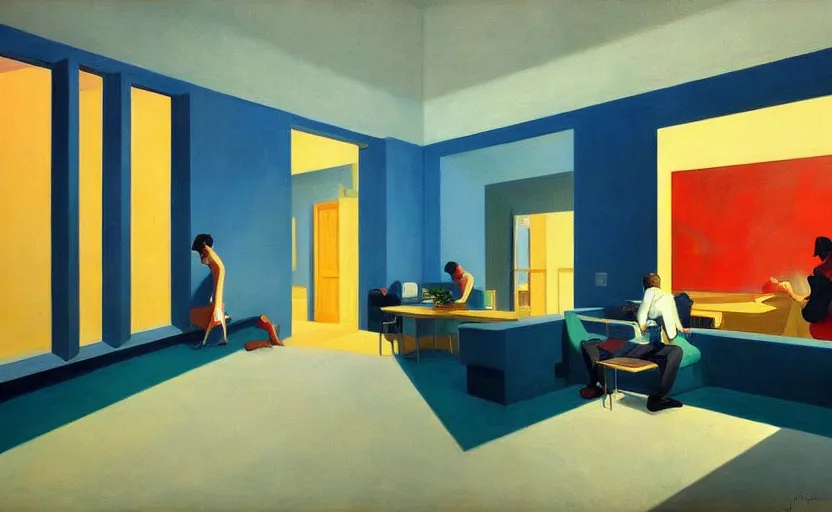 Image similar to Interior shot of contemporary museum with abstarct arts hanging on the wall, very coherent, painted by Edward Hopper, painted by James Gilleard, airbrush, art by JamesJean