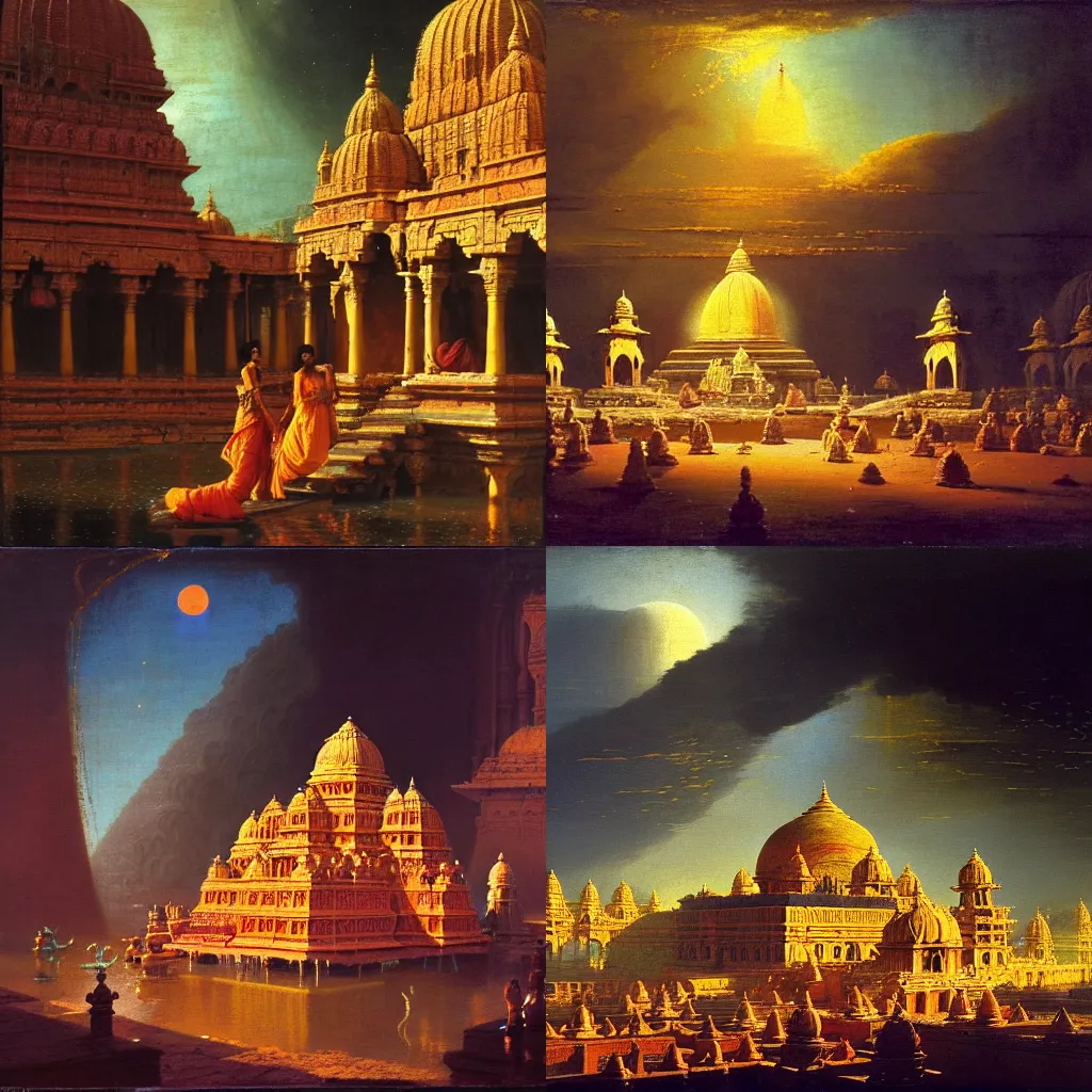 Prompt: the epic scene from Hindu heaven in Ayodhya, by Canaletto, by Ambrosius Benson, by Bruce Pennington, by Paul Lehr, masterpiece, oil on canvas, trending on artstation, top on pixiv, cinematic composition, dramatic scene, beautiful lighting, sharp, high details, astrophotography, no frames, 8K