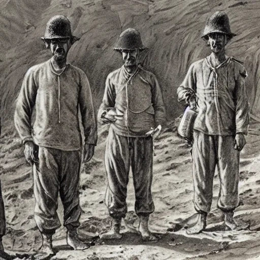 Image similar to ultra detailed photorealistic sepia - toned line drawing from 1 9 1 7, a small group of british soldiers standing with bedouin traders in traditional arab garb, at an archaeological dig site in wadi rum, ultra realistic, painted, intricate details, lovecraft, atmospheric, dark, horror, brooding, highly detailed, by clyde caldwell