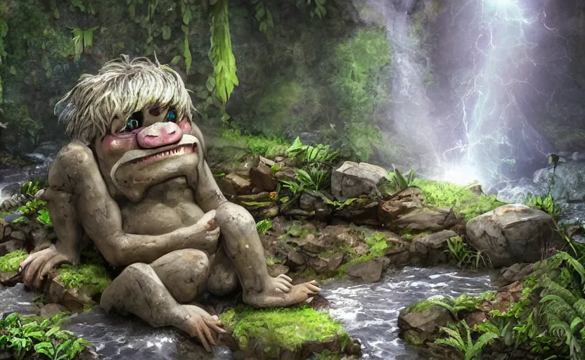 Image similar to a worn down troll made of stone with vegetation all over it relaxing in a stream of river next to a waterfall, a cute small robot on his shoulder sleeping, concept art, detailed, artstation, colourful lightning, sparkly water, peaceful, 4 k