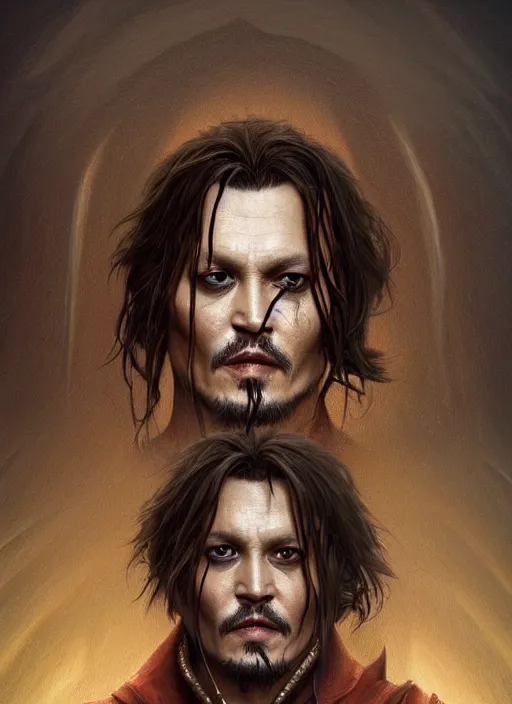 Image similar to Portrait of Johnny Depp, cloak, male, fantasy, extremely detailed, digital painting, artstation, concept art, smooth, sharp focus, illustration, stunning lighting, art by artgerm and greg rutkowski and alphonse mucha and simon stalenhag, realistic character concept, high fantasy, dark atmosphere, golden ratio, cinematic lighting, hyperdetailed, high resolution, insanely detailed and intricate, artstation, Marc Simonetti, Greg Rutkowski, 8k