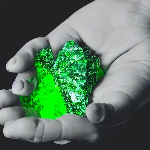 Image similar to a glowing green crystalline shard of kryptonite held in an open black - gloved hand, black background