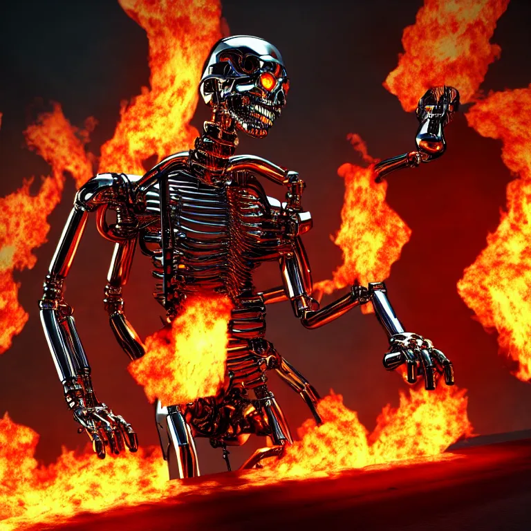 Image similar to terminator endoskeleton with fire behind it movie still, chrome, shiny, reflective, metallic, 3 d render, 3 d rendered, hdr, unreal engine 5, ray tracing, dramatic lighting, flame colors bright,