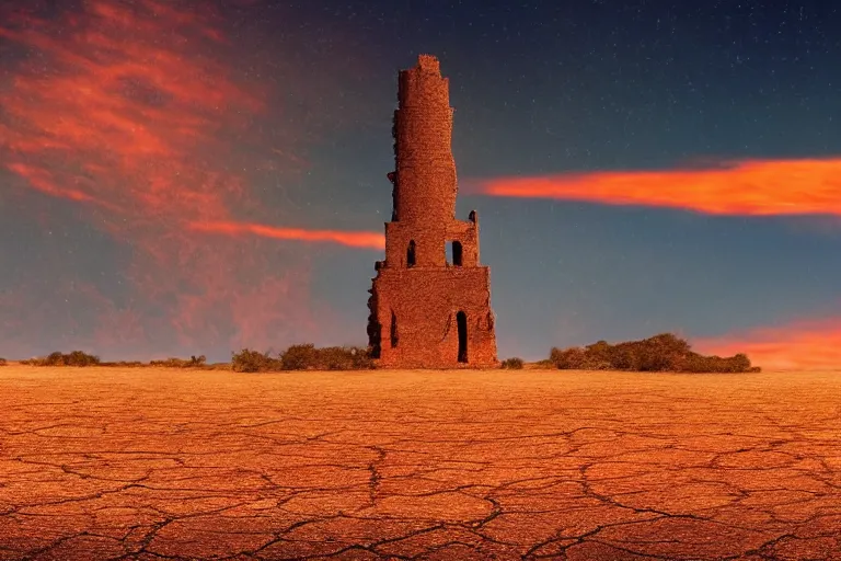 Image similar to very dry ground, desert, cracked, big tower in the background, red sky, fire in the background, artstation, award - winning, ethereal, dreamy