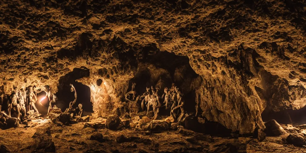 Prompt: a dark cave with skinny monster men in it, photorealistic, cinematic, flashlights, 24mm lens, iso 1250, heavy depth of field