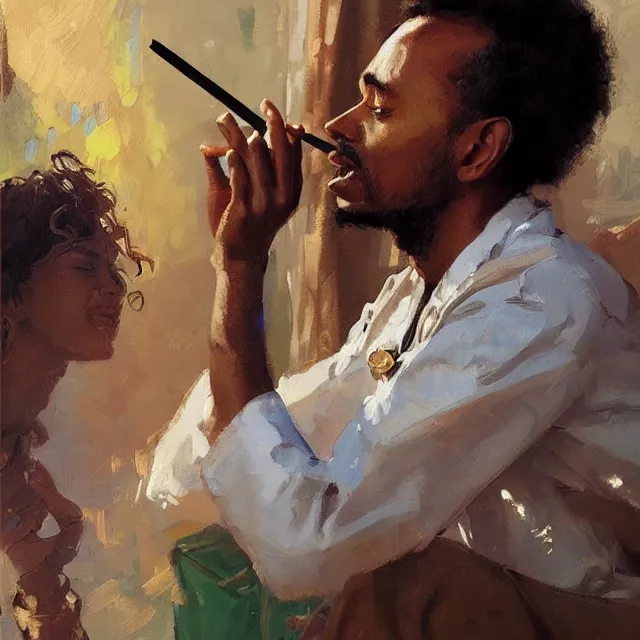 Image similar to an ethiopian male as a doctor smoking a cigarette, surrounded by beautiful women, portrait, elegant, intricate, digital painting, artstation, concept art, smooth, sharp focus, illustration, art by konstantin korovin and daniel f. gerhartz and john howe