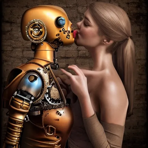 Prompt: Ultra realistic illustration,a women kissing a robot, steampunk, sci-fi, fantasy