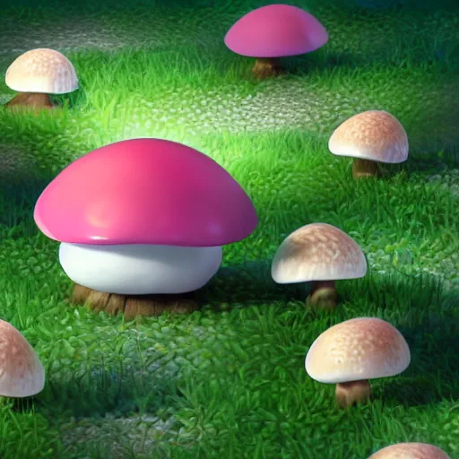 Prompt: a cartoon render of a cute little mochi ball exploring a mushroom forest