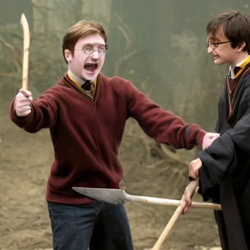 Prompt: harry potter slaping ron wesley with a shovel