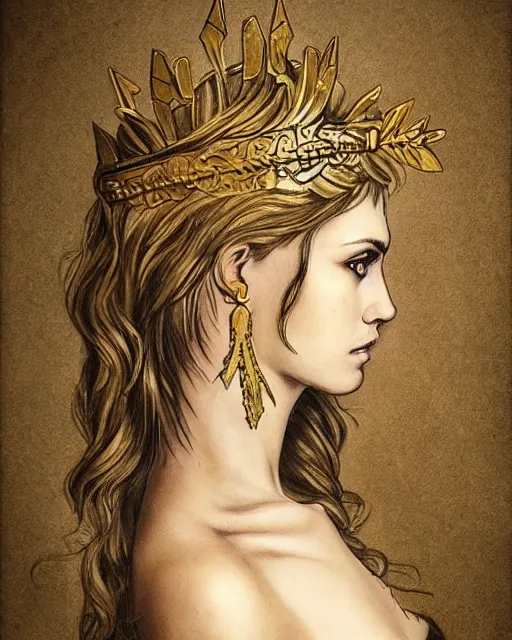 Image similar to tattoo sketch of beautiful super model aphrodite greek goddess wearing a gold laurel wreath and triangle earrings, beautiful piercing gaze with sharp pupils, beautiful blonde hair, in the style of greg rutkowski, fantasy, amazing detail, epic, elegant, smooth, sharp focus, front view