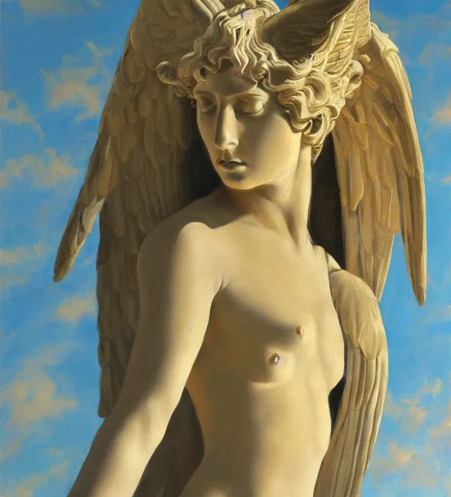 Prompt: Winged Victory classical Greek goddess winged, beautiful sky gold and silver color scheme (dreamy), oil painting award winning