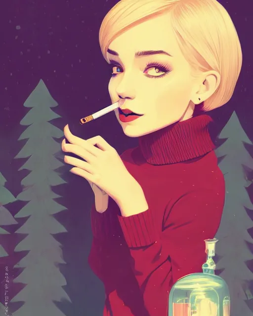 Prompt: digital illustration of pretty girl sabrina with short blonde hair wearing a sweater, from alice in wonderland, smoking, in a wonderland forest at night, by ilya kuvshinov, lois van baarle, rossdraws, basquiat