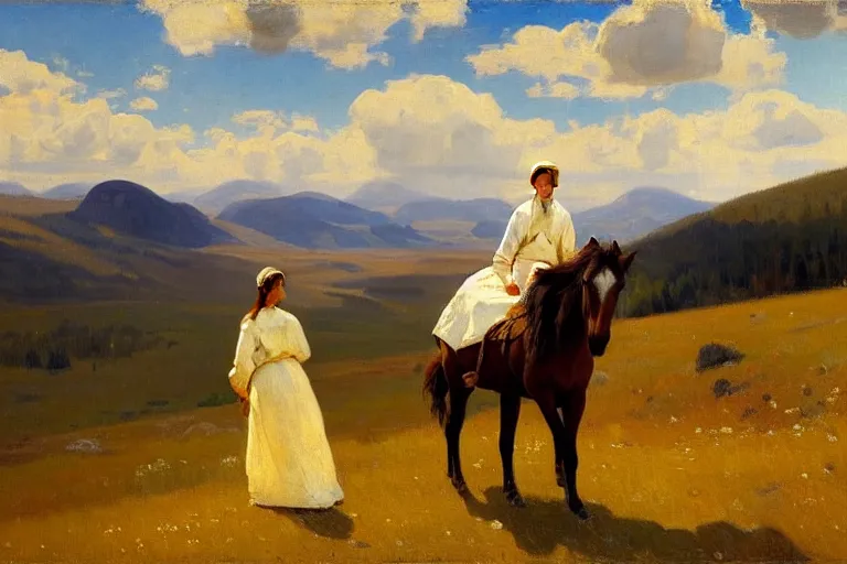 Prompt: scenic western mountain landscape with wild horses and a woman in a long white traditional dress, Anna Ancher & Peder Severin Krøyer, oil on canvas, beautifully daylight, artstation