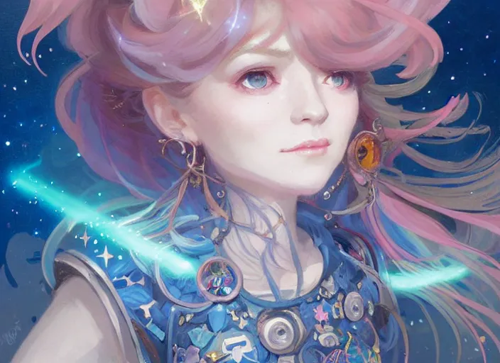 Image similar to close up picture of an maximalist dress magical girl, neat hair with bangs, slightly smiling, full of confidence, extremely beautiful and aesthetic and detailed cute face and eyes, wipe out evils with cute astronaut familiar sprites, aming the magical beams, chiaroscuro, intricate, masterpiece, fantasy illustrations by peter mohrbacher and anato finnstark and jeremy lipking