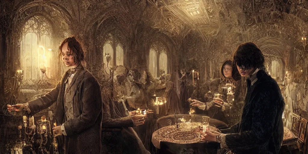 Image similar to Frank Dillane with a crystal ball conducting a seance, intricate, digital painting, old english, victorian, sepia, whimsical background by marc simonetti, artwork by liam wong