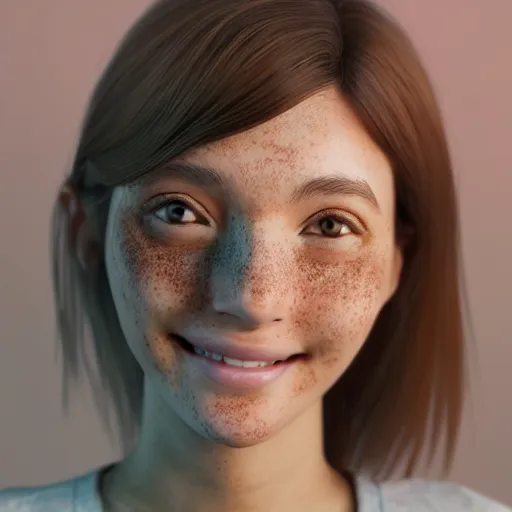 Image similar to Render of April, a cute 3D young woman, bronze brown hair, full round face, green eyes, light tan skin cute freckles, light blush, smiling softly, wearing casual clothing, interior lighting, cozy living room background, medium shot, mid-shot, hyperdetailed, trending on Artstation, Unreal Engine 4k