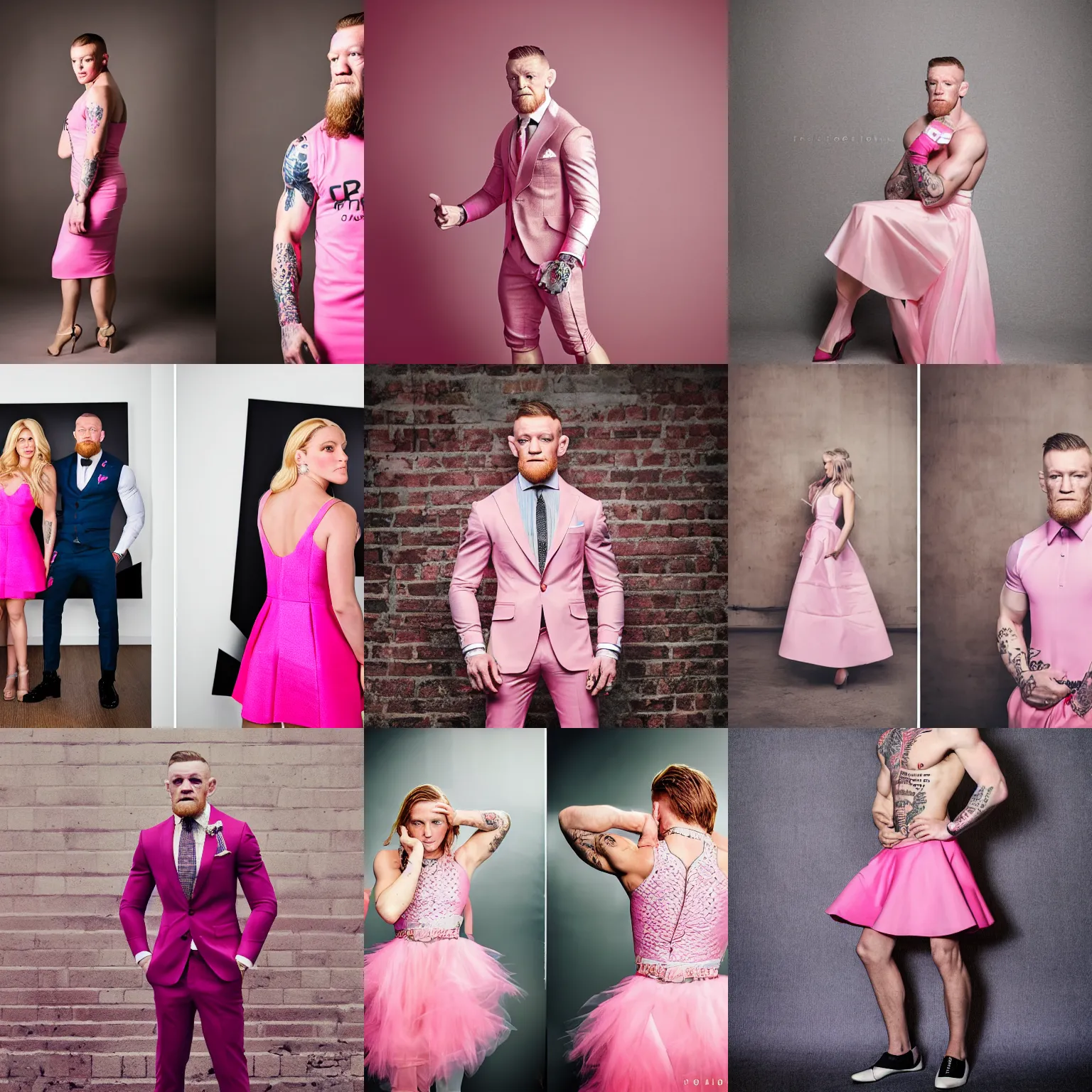 Prompt: Connor McGregor wearing pink dress, profesional studio photography