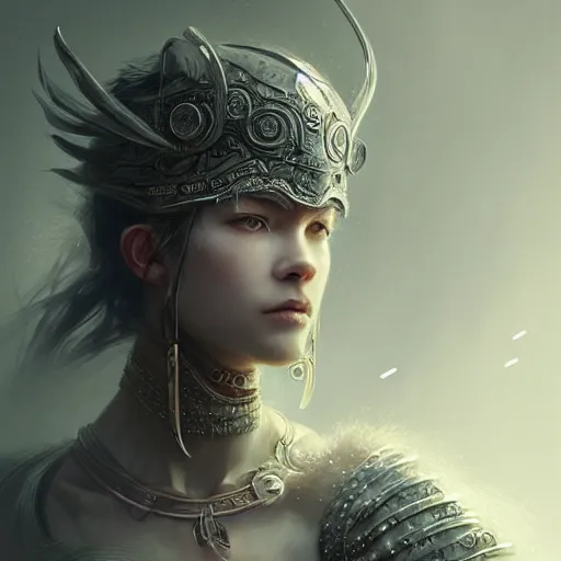 Image similar to beautiful extremely detailed intricate concept art depicting a warrior by wlop. shining jewelry. grey atmosphere. particles in the background. bcy. net