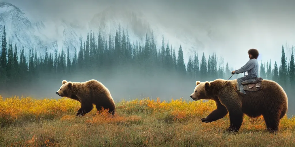 Image similar to back of bob ross riding on the back of brown bear in alaska at fall season, outdoor lighting, realistic, photo, national geographic photo, volumetric, fog