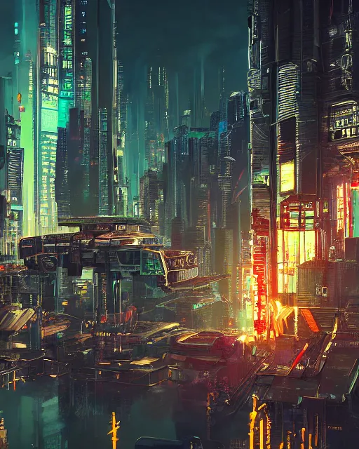 Prompt: cyberpunk city on a floating island at night by wlop, key visual, high detail, digital art