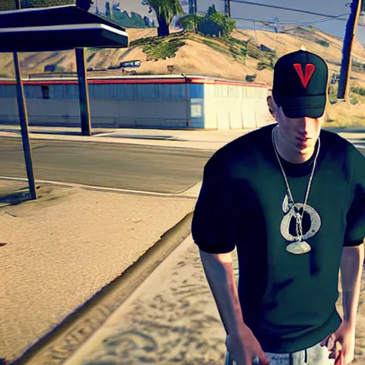 Image similar to Screenshot of Eminem in the game GTA V, highly detailed