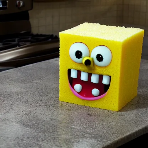 Image similar to A horrific photo of SpongeBob after years of use as a regular Kitchen sponge