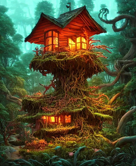 Image similar to a whimsical cabin made from exotic fungus, overgrown with huge rare fungus, deep in the woods, by dan mumford, yusuke murata, makoto shinkai, ross tran, underwater, hellish, cinematic, unreal engine, cel shaded, featured on artstation, pixiv