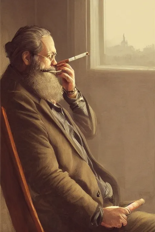 Image similar to portrait of a middle - aged writer with a beard, he is sitting on a chair, he is smoking a cigarette, style of greg rutkowski