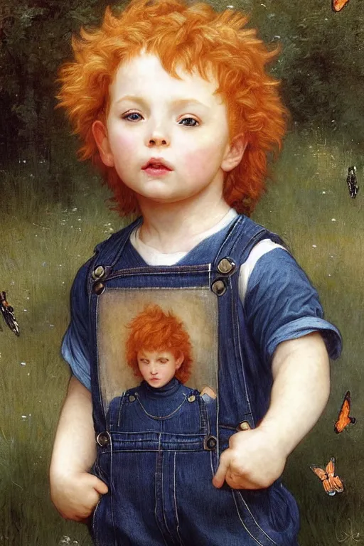 Prompt: a little boy with ginger hair wearing denim overalls chasing butterflies. clean elegant painting, beautiful detailed face, lots of butterflies. by bouguereau and artgerm and greg rutkowski