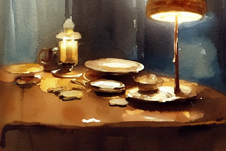 Prompt: small centered on watercolor paper, paint brush strokes, abstract watercolor painting of gold coins on polished oak table, sticks, cinematic light, american romanticism by hans dahl, by jesper ejsing, by anders zorn, by greg rutkowski, by greg manchess, by tyler edlin