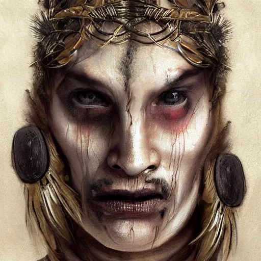 Prompt: portrait of a Shibari rope wrapped face and neck, headshot, insanely nice professional hair style, dramatic hair color, digital painting, of a old 15th century, roman gladiator, amber jewels, baroque, ornate clothing, scifi, realistic, realistic realistic realistic eyes, hyperdetailed, chiaroscuro, concept art, art by Franz Hals and Jon Foster and Ayami Kojima and Amano and Karol Bak,