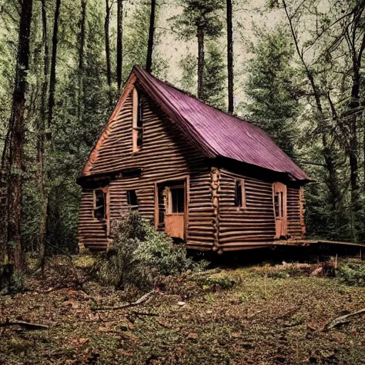 Image similar to a photo of a Eerie cabin in the middle of the woods in the style of 1980s found footage