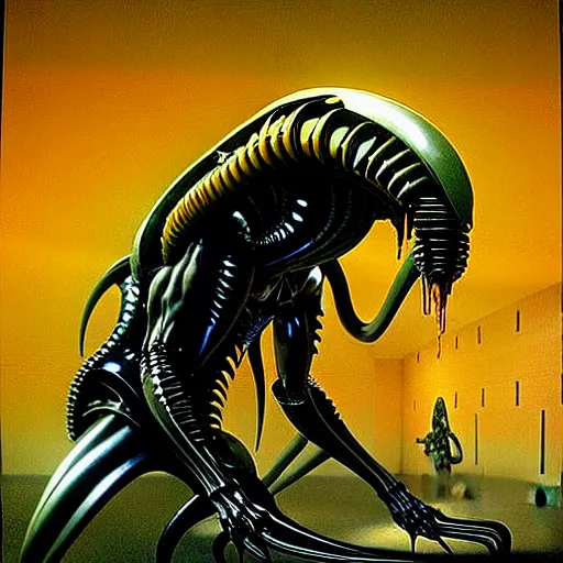 Image similar to black glossy xenomorph, alien movie, endless abandoned office cubicles, pale yellow wallpaper, moist brown carpet, dim fluorescent lighting, artstation, ultra detailed, creepy, dramatic lighting, photorealistic, art by h. r. giger and chris foss and beksinski