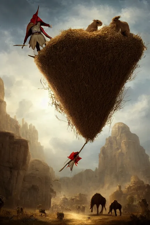 Prompt: ezio audotire plunging from the sky into a haystack, background with some dromedaries, digital art, trending on artstation