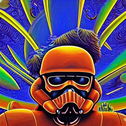 Prompt: Painting of a Stromtrooper designed by alex grey, flooko, etheral, detailed, glows,