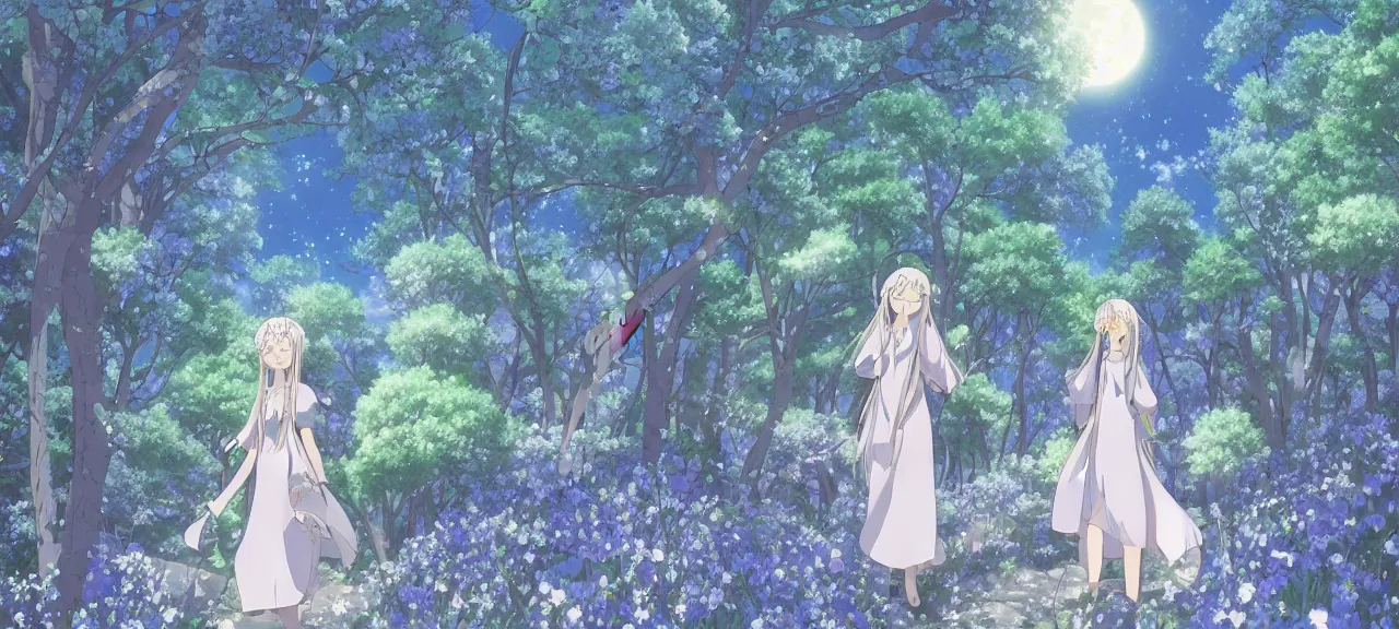 Image similar to illyasviel walking through enchanted ghibli clover | Big Moon at Blue Night | Trees with white flowers | bioluminescent blue FLOWERS | strong blue rimlit | visual-key | anime illustration | highly detailed High resolution | Light Novel | Visual Novel | In the style of Miyama-Zero, Yuuki Hagure