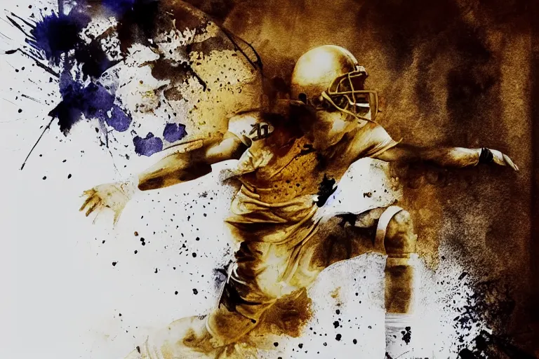 Image similar to beautiful serene foorball player, healing through motion, life, minimalistic golden and ink airbrush painting on white background