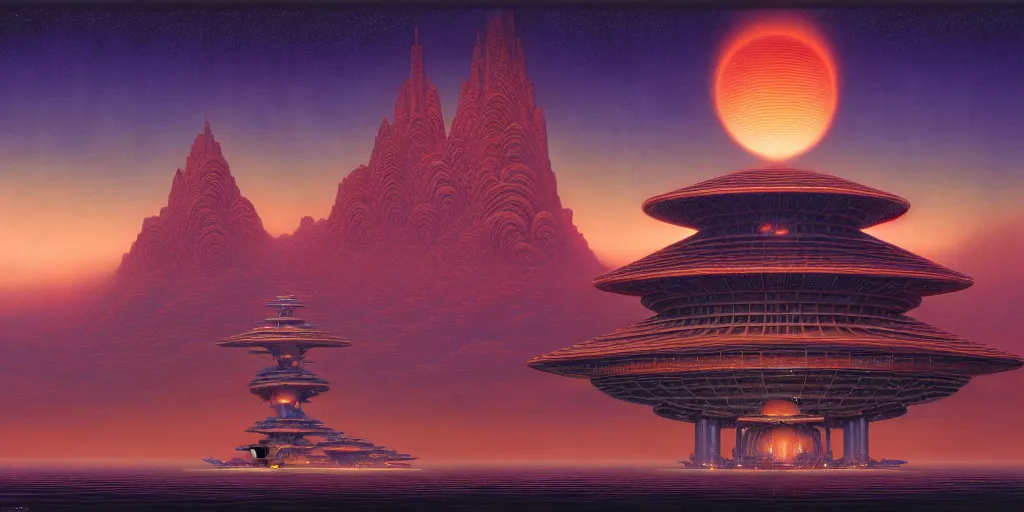 Prompt: cinematic view of a retro scifi pagoda, desaturated, psychedelic, tim hildebrandt, wayne barlowe, bruce pennington, donato giancola, larry elmore, oil on canvas, masterpiece, trending on artstation, featured on pixiv, cinematic composition, dramatic, beautiful lighting, sharp, details, hyper - detailed, hd, hdr, 4 k, 8 k