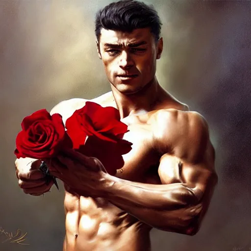 Prompt: A muscular male holding a rose, oil on canvas by Frank Frazetta, digital art, Mandy Jurgens, WLOP, CGSociety