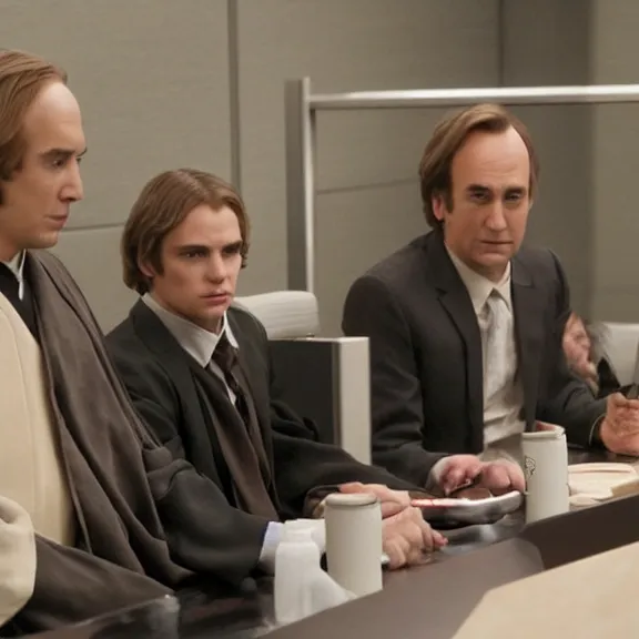 Image similar to anakin skywalker played by hayden christensen wearing jedi robes is talking to lawyers saul goodman played by bob odenkirk wearing a suit and kik wexler played by rhea seehorn in court, better call saul court scene 1 0 8 0 p, jimmy mcgill in court, court session images, realistic faces