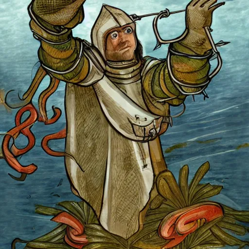 Prompt: a giant squid dressed as a medieval knight holding bushes in a medieval castle, selfie