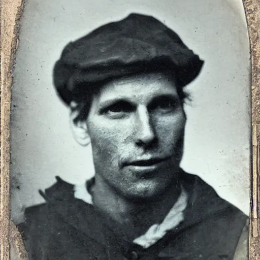 Image similar to daguerreotype photograph of jerma 9 8 5 wearing a ripped t - shirt and a newsboy cap, old photo, vintage, industrial revolution, historical archive, realistic