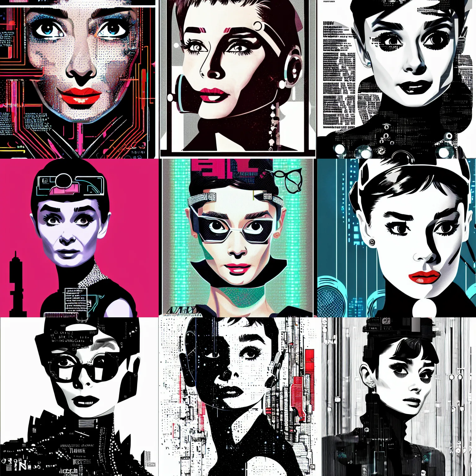 Prompt: audrey hepburn, detailed cyberpunk portrait by tim doyle and vogue magazine